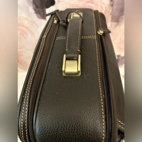 ! Brooks Brothers Genuine Pebbled Leather Trolley Travel Bag Brown And G… - Picture 3 of 11